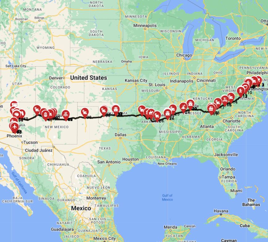 RV route plan for a motorhome trip from Washington DC to Phoenix